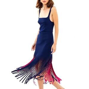 DION LEE Navy Red Square Neck Bustier Perforated Fringe Hem Gown Dress size 2